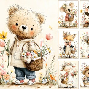 May include: Watercolor illustrations of adorable animals celebrating Easter. A teddy bear in a jacket and jeans holds a basket of eggs and flowers. Other images include a koala, fox, mouse, and lamb, each with Easter baskets and floral accents.