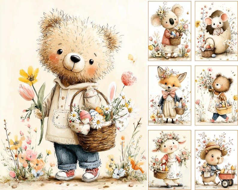 May include: Watercolor illustrations of adorable animals celebrating Easter. A teddy bear in a jacket and jeans holds a basket of eggs and flowers. Other images include a koala, fox, mouse, and lamb, each with Easter baskets and floral accents.