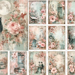 Puede incluir: Una colecci&oacute;n de papeles digitales de estilo vintage con tem&aacute;tica rom&aacute;ntica. Cada papel presenta colores pastel suaves, arreglos florales, elementos arquitect&oacute;nicos y una luna llena. Un gato negro est&aacute; sentado en un balc&oacute;n de hierro forjado. Ideal para scrapbooking y manualidades.