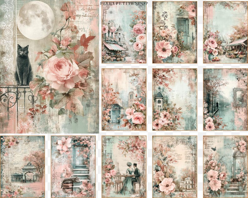 Puede incluir: Una colecci&oacute;n de papeles digitales de estilo vintage con tem&aacute;tica rom&aacute;ntica. Cada papel presenta colores pastel suaves, arreglos florales, elementos arquitect&oacute;nicos y una luna llena. Un gato negro est&aacute; sentado en un balc&oacute;n de hierro forjado. Ideal para scrapbooking y manualidades.