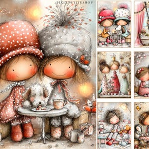 Puede incluir: Ilustraci&oacute;n en acuarela con dos figuras de dibujos animados con sombreros grandes, sentadas en una mesa peque&ntilde;a con un perro. Las figuras visten trajes estampados, y la escena incluye tazas de t&eacute;, pasteles y un ambiente acogedor y caprichoso.