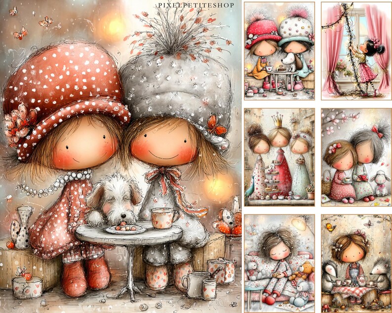 Puede incluir: Ilustraci&oacute;n en acuarela con dos figuras de dibujos animados con sombreros grandes, sentadas en una mesa peque&ntilde;a con un perro. Las figuras visten trajes estampados, y la escena incluye tazas de t&eacute;, pasteles y un ambiente acogedor y caprichoso.