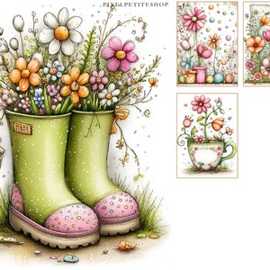 May include: Watercolor illustration of two green rain boots filled with colorful flowers. The boots have pink soles with polka dots. A small hanging basket with a bow is on the left. The image also includes three smaller floral illustrations.