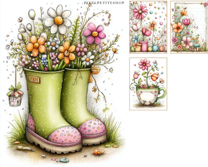 May include: Watercolor illustration of two green rain boots filled with colorful flowers. The boots have pink soles with polka dots. A small hanging basket with a bow is on the left. The image also includes three smaller floral illustrations.
