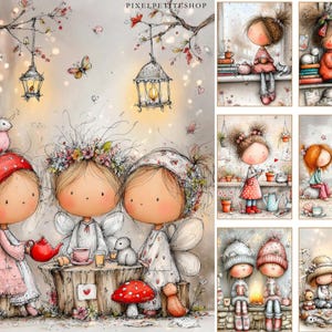Puede incluir: Ilustraci&oacute;n en acuarela con personajes caprichosos de hadas. La imagen principal muestra tres figuras reunidas alrededor de una mesa con una tetera roja y tazas. El fondo incluye linternas, mariposas y una ardilla. Im&aacute;genes adicionales.