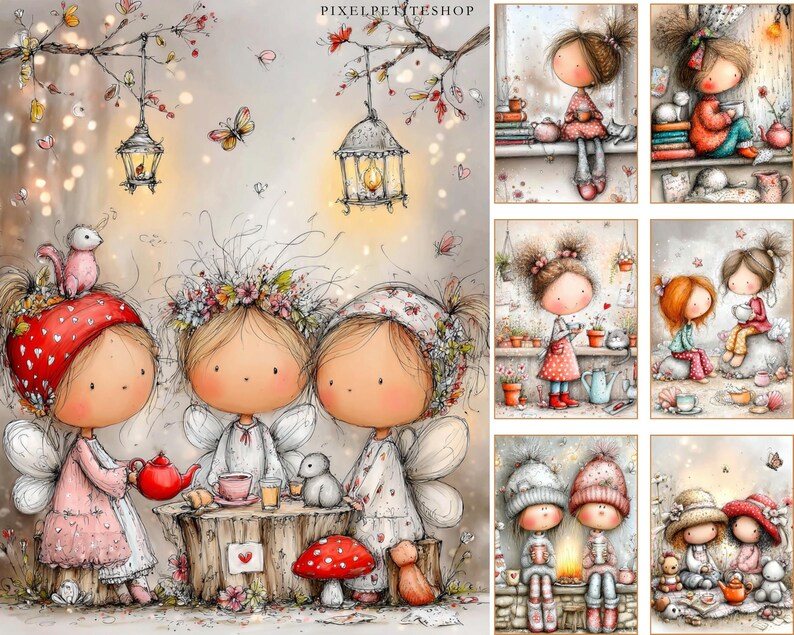 Puede incluir: Ilustraci&oacute;n en acuarela con personajes caprichosos de hadas. La imagen principal muestra tres figuras reunidas alrededor de una mesa con una tetera roja y tazas. El fondo incluye linternas, mariposas y una ardilla. Im&aacute;genes adicionales.