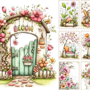 May include: Watercolor illustrations of a garden scene with a gate that says "BLOOM", surrounded by pink and yellow flowers. Other images include a picnic basket, bench, and floral arrangements.