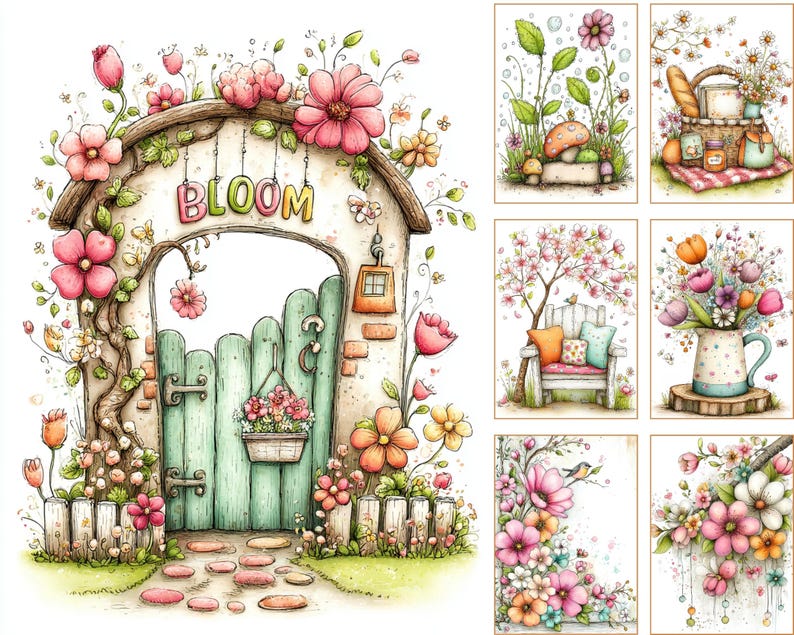May include: Watercolor illustrations of a garden scene with a gate that says "BLOOM", surrounded by pink and yellow flowers. Other images include a picnic basket, bench, and floral arrangements.