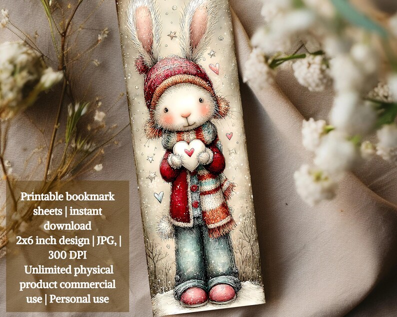 May include: A whimsical bookmark featuring a bunny character in winter attire, holding a heart. The bunny wears a red hat, scarf, and coat, with blue jeans and pink boots. The bookmark design is 2x6 inches and includes the text: Printable bookmark sheets | instant download.