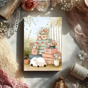 May include: A whimsical illustration features a sleeping sheep next to stacked pink and blue crates overflowing with flowers. A white picket fence and floral arrangements in pots and teacups complete the charming, pastel-toned scene.