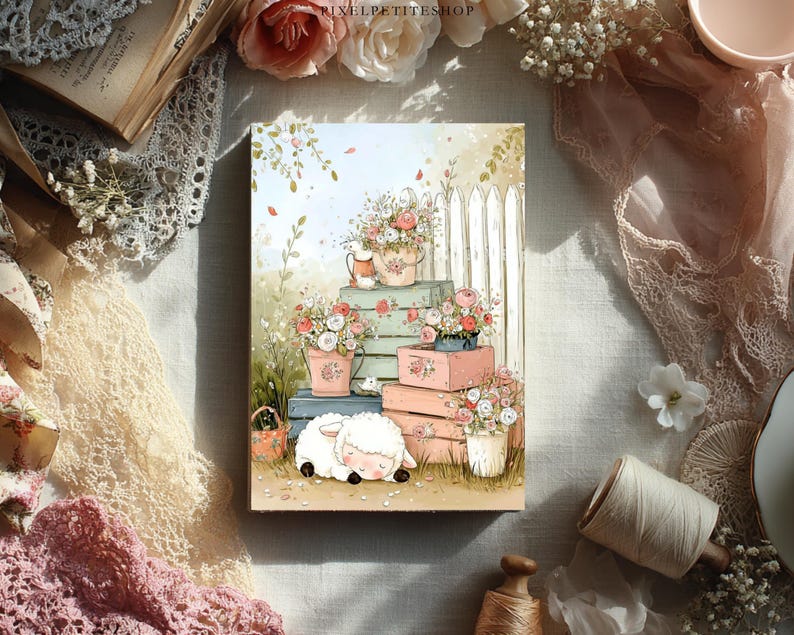 May include: A whimsical illustration features a sleeping sheep next to stacked pink and blue crates overflowing with flowers. A white picket fence and floral arrangements in pots and teacups complete the charming, pastel-toned scene.
