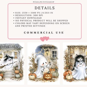 May include: Digital art set featuring three illustrations of ghosts and a cat in front of houses with pumpkins. Text includes PIXELPETITESHOP, DETAILS, SIZE: 2550 X 3300 PX | 8.5X11 IN, RESOLUTION: 300 DPI, INSTANT DOWNLOAD, NO PHYSICAL PRODUCT, COMMERCIAL USE.