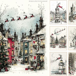 Op de afbeelding: Waterverfillustratie van een besneeuwde dorpssc&egrave;ne met huizen versierd voor Kerstmis. De rendieren van de kerstman vliegen over de huizen. De afbeelding heeft een grillige, feestelijke uitstraling.