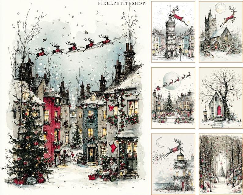 Op de afbeelding: Waterverfillustratie van een besneeuwde dorpssc&egrave;ne met huizen versierd voor Kerstmis. De rendieren van de kerstman vliegen over de huizen. De afbeelding heeft een grillige, feestelijke uitstraling.