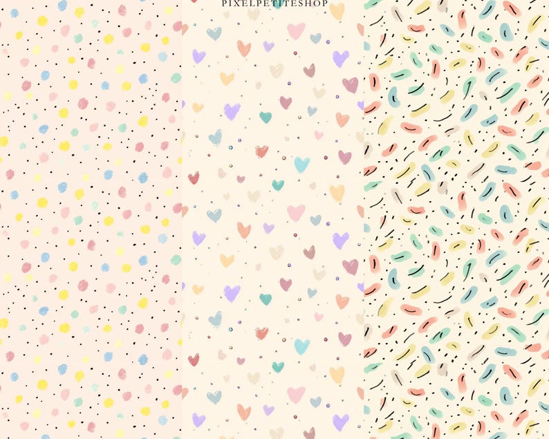 Op de afbeelding: Een digitale print met drie patronen op een cr&egrave;mekleurige achtergrond. E&eacute;n patroon heeft gekleurde stippen, een ander pastelkleurige harten en de derde kleurrijke penseelstreken. Kleine zwarte stippen zijn verspreid.