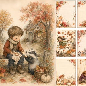 Op de afbeelding: Een collectie herfstachtig briefpapier met illustraties van een kind met een das, een vos, een konijn, pompoenen en herfstbladeren. De ontwerpen bevatten gelinieerd papier met randen van bosdieren, kinderen en seizoensgebonden oogstelementen.