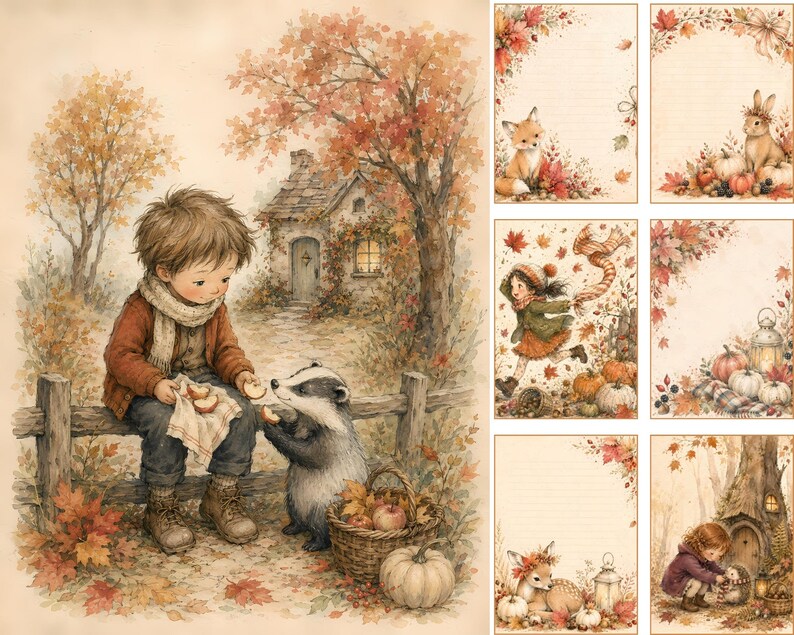 Op de afbeelding: Een collectie herfstachtig briefpapier met illustraties van een kind met een das, een vos, een konijn, pompoenen en herfstbladeren. De ontwerpen bevatten gelinieerd papier met randen van bosdieren, kinderen en seizoensgebonden oogstelementen.