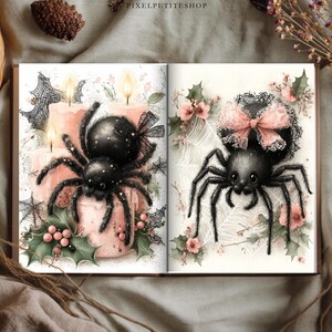May include: An open book displaying two illustrations of black spiders. The left page shows a spider on pink candles with holly and cobwebs. The right page features a spider wearing a pink lace bow, surrounded by white cobwebs and pink flowers.