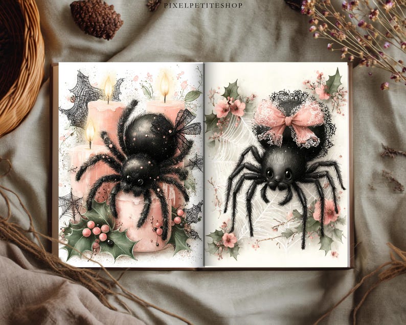 May include: An open book displaying two illustrations of black spiders. The left page shows a spider on pink candles with holly and cobwebs. The right page features a spider wearing a pink lace bow, surrounded by white cobwebs and pink flowers.
