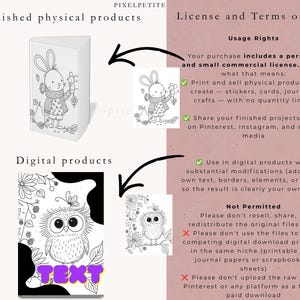 May include: A digital license information sheet featuring black and white line art illustrations of a rabbit and an owl. The text includes headings for Finished physical products, Digital products, Usage Rights, and Not Permitted, detailing terms.