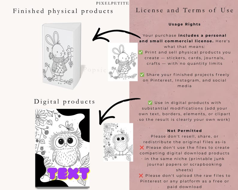 May include: A digital license information sheet featuring black and white line art illustrations of a rabbit and an owl. The text includes headings for Finished physical products, Digital products, Usage Rights, and Not Permitted, detailing terms.