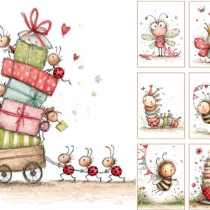 May include: Watercolor illustration featuring a whimsical scene of ants pulling a wooden cart loaded with colorful gift boxes. Other illustrations include a dragonfly, a butterfly with a crown, a caterpillar, and a bee. The style is cute and playful.