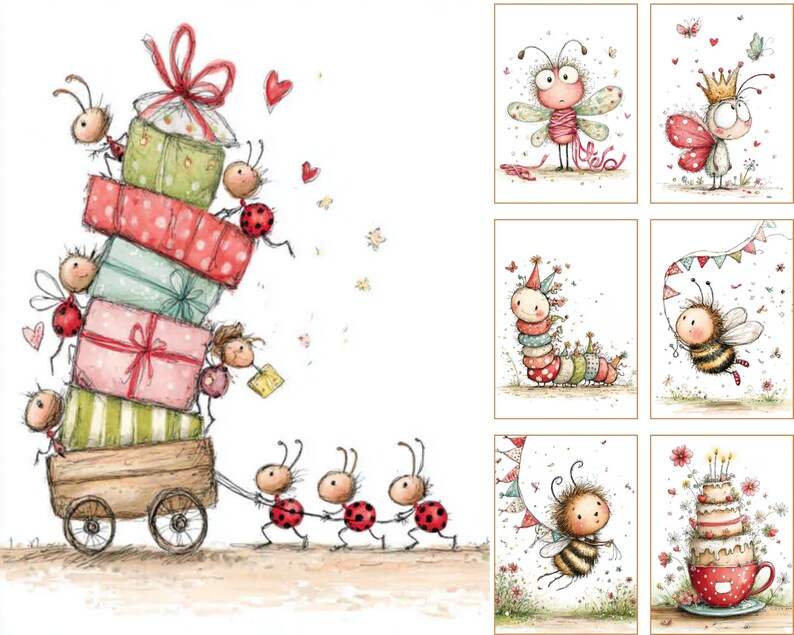 May include: Watercolor illustration featuring a whimsical scene of ants pulling a wooden cart loaded with colorful gift boxes. Other illustrations include a dragonfly, a butterfly with a crown, a caterpillar, and a bee. The style is cute and playful.