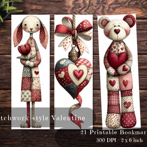 Puede incluir: Conjunto de tres marcapáginas con temática de San Valentín. Uno presenta un conejito de patchwork sosteniendo un tulipán rojo, otro un adorno de corazón de patchwork y el último un oso de peluche de patchwork sosteniendo un corazón. El texto "Patchwork style Valentine" y "21 Printable Bookmarks" son visibles.