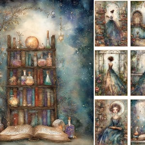 May include: A collection of digital art prints featuring a large bookshelf filled with colorful books and glass potion bottles, an open book in the foreground, and six smaller panels depicting figures in gowns within atmospheric, ethereal settings.