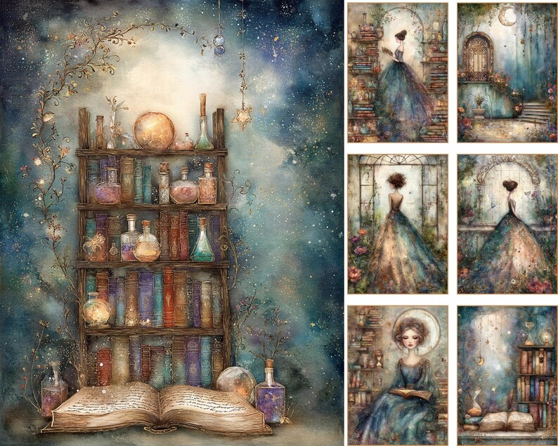 May include: A collection of digital art prints featuring a large bookshelf filled with colorful books and glass potion bottles, an open book in the foreground, and six smaller panels depicting figures in gowns within atmospheric, ethereal settings.