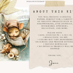 May include: Digital art kit featuring a sleeping mouse in a hammock, surrounded by seashells and flowers. The image includes text that reads "ABOUT THIS KIT" and details about the digital papers, size, and resolution.