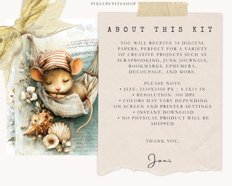 May include: Digital art kit featuring a sleeping mouse in a hammock, surrounded by seashells and flowers. The image includes text that reads "ABOUT THIS KIT" and details about the digital papers, size, and resolution.