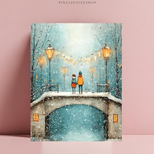 May include: A digital art print featuring two figures standing on a stone bridge during a snowfall. The scene includes glowing street lamps, string lights, and bare trees against a blue background. The text PIXELPETITESHOP appears at the top.