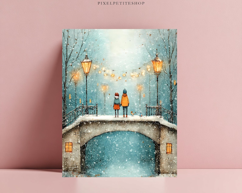 May include: A digital art print featuring two figures standing on a stone bridge during a snowfall. The scene includes glowing street lamps, string lights, and bare trees against a blue background. The text PIXELPETITESHOP appears at the top.