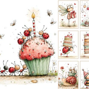 May include: Watercolor illustration featuring a large pink cupcake with a lit candle, surrounded by ladybugs and ants. Additional panels show whimsical scenes of insects with gifts, cakes, and balloons, all in a charming, storybook style.