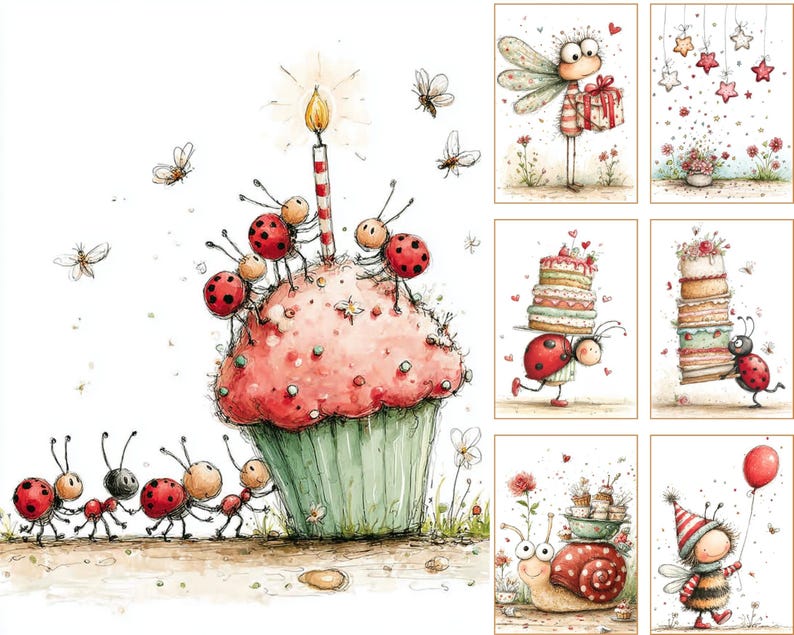 May include: Watercolor illustration featuring a large pink cupcake with a lit candle, surrounded by ladybugs and ants. Additional panels show whimsical scenes of insects with gifts, cakes, and balloons, all in a charming, storybook style.