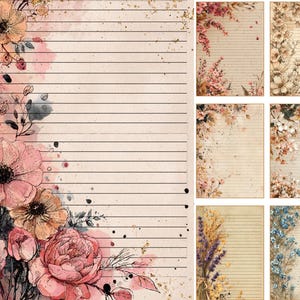 May include: A collection of floral-themed stationery featuring watercolor illustrations. The designs include lined paper with large pink and peach flowers, and smaller cards with various floral arrangements in soft, muted tones. The paper has a vintage, aged appearance.