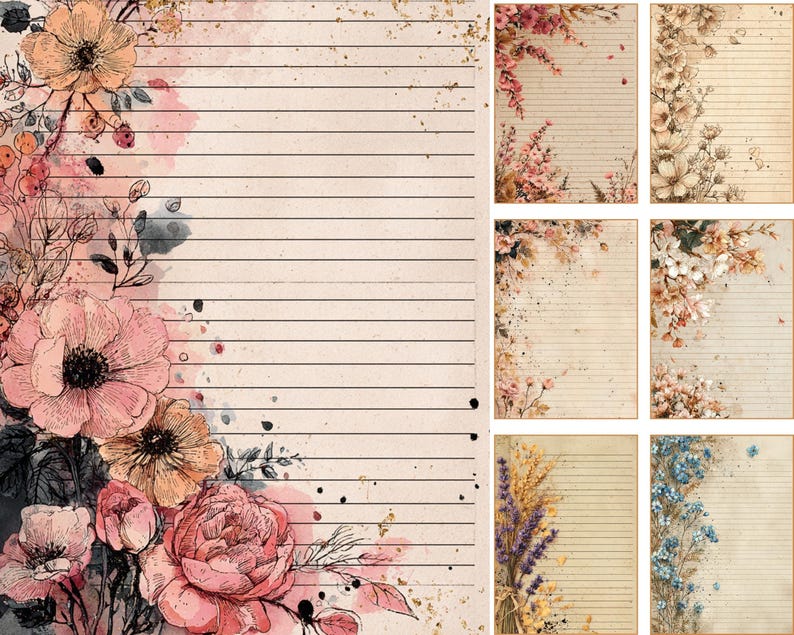 May include: A collection of floral-themed stationery featuring watercolor illustrations. The designs include lined paper with large pink and peach flowers, and smaller cards with various floral arrangements in soft, muted tones. The paper has a vintage, aged appearance.