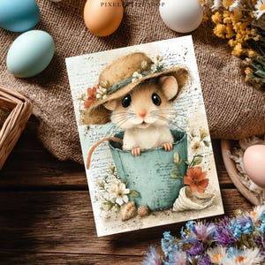 May include: A watercolor illustration of a mouse wearing a hat, peeking out of a blue bucket. The image is decorated with flowers and seashells, with Easter eggs and flowers in the background. The artwork is on a wooden surface.