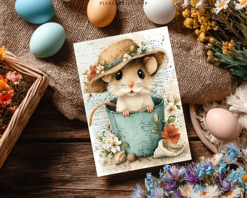 May include: A watercolor illustration of a mouse wearing a hat, peeking out of a blue bucket. The image is decorated with flowers and seashells, with Easter eggs and flowers in the background. The artwork is on a wooden surface.