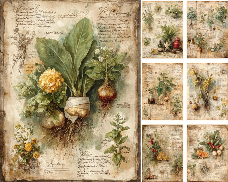 May include: A collection of watercolour botanical illustrations on aged paper. The central image displays a large root vegetable with leaves and a yellow flower, alongside handwritten text and smaller plant drawings. Other images show various herbs.