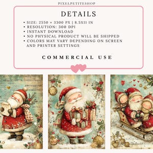 May include: A digital art set featuring three Christmas illustrations of Santa Claus in red attire. The text includes PIXELPETITESHOP, DETAILS, SIZE: 2550 X 3300 PX | 8.5X11 IN, RESOLUTION: 300 DPI, INSTANT DOWNLOAD, NO PHYSICAL PRODUCT WILL BE SHIPPED, COLORS MAY VARY DEPENDING ON SCREEN AND PRINTER SETTINGS, and COMMERCIAL USE.