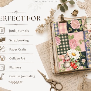 May include: A decorative paper sheet featuring a patchwork design of pink roses, green gingham, and blue plaid patterns. A small mouse illustration holding a daisy and strawberries is layered over the bottom. Text includes PIXELPETITESHOP, PERFECT FOR, Junk Journals, Scrapbooking, Paper Crafts, Collage Art, Planners, and Creative Journaling.