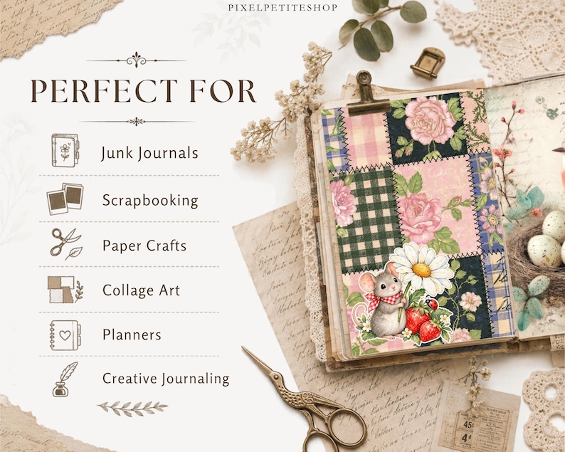 May include: A decorative paper sheet featuring a patchwork design of pink roses, green gingham, and blue plaid patterns. A small mouse illustration holding a daisy and strawberries is layered over the bottom. Text includes PIXELPETITESHOP, PERFECT FOR, Junk Journals, Scrapbooking, Paper Crafts, Collage Art, Planners, and Creative Journaling.