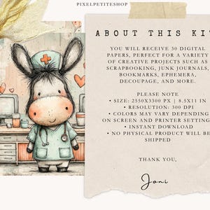 May include: Watercolor illustration of a donkey dressed as a nurse, wearing a light blue uniform and a stethoscope. The donkey is standing in a medical office setting. Text on the right side says "About This Kit" and details about the digital papers.