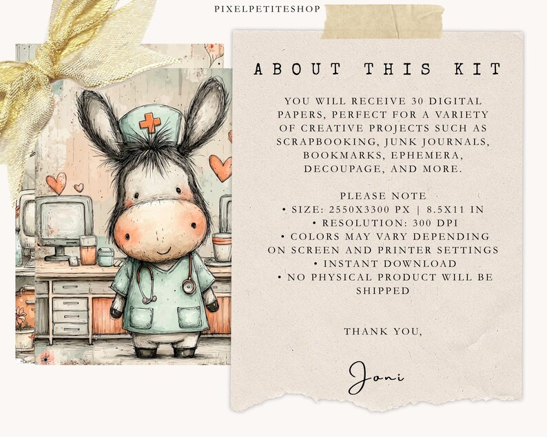 May include: Watercolor illustration of a donkey dressed as a nurse, wearing a light blue uniform and a stethoscope. The donkey is standing in a medical office setting. Text on the right side says "About This Kit" and details about the digital papers.