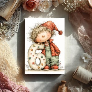 Pu&ograve; includere: Un'illustrazione stravagante di un bambino con capelli biondi ricci, che indossa una giacca rossa, una camicia a righe e una salopette verde, appoggiato a un grande numero sei. Il numero &egrave; decorato con stelle colorate. Il bambino indossa un cappello rosso con un pompon.