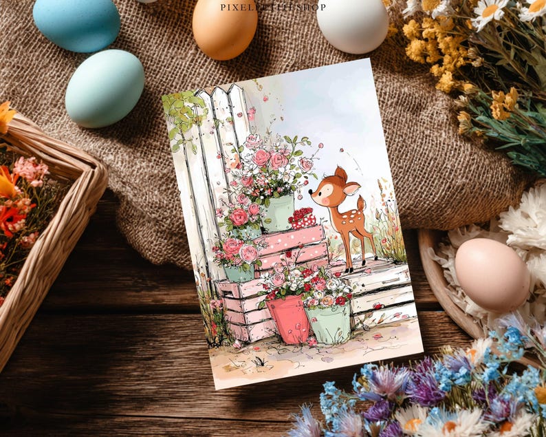 May include: A greeting card featuring a watercolor illustration of a fawn standing near flower-filled planters and a white picket fence. The card has pink, green, and brown tones. The image is surrounded by Easter eggs and flowers.