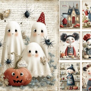 May include: A collection of digital art prints featuring whimsical Halloween characters including three white ghosts, a carved orange pumpkin, spiders, and various figures like a chef, a gardener, and children in a vintage, script-background style.