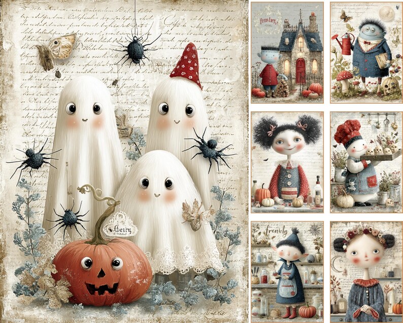 May include: A collection of digital art prints featuring whimsical Halloween characters including three white ghosts, a carved orange pumpkin, spiders, and various figures like a chef, a gardener, and children in a vintage, script-background style.